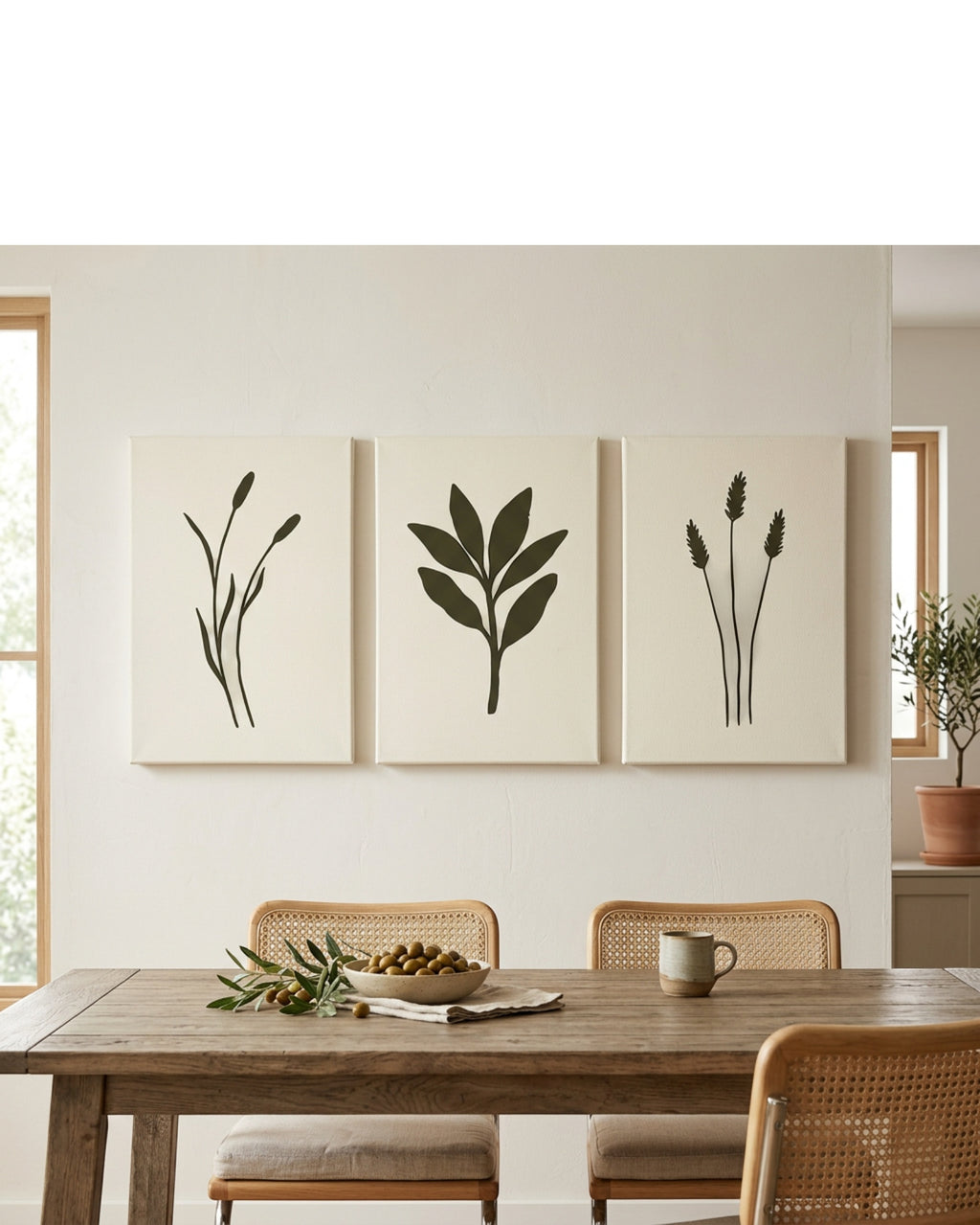 Gavlu Botanical Silhouette Triptych Canvas Set Olive - Lifestyle view