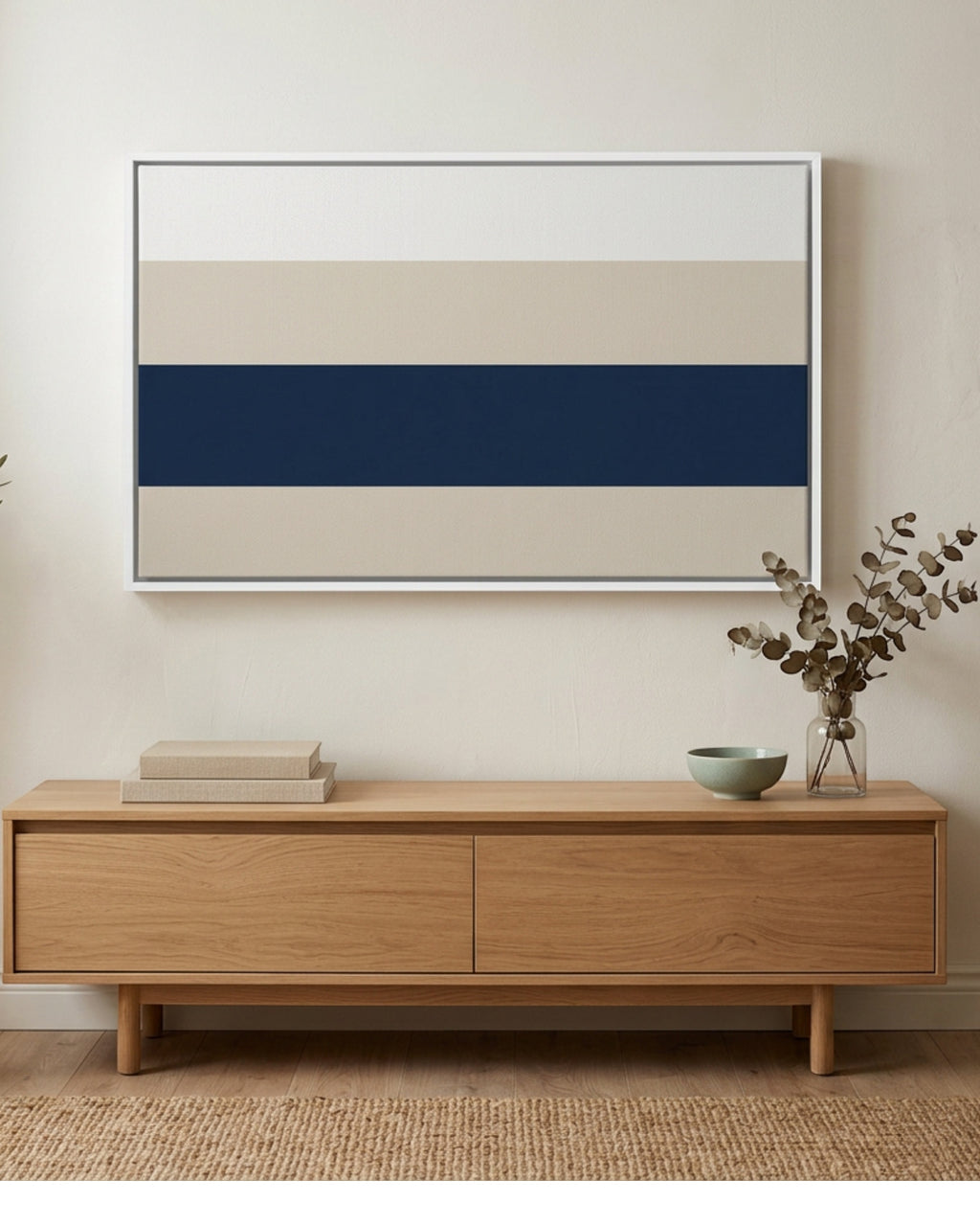 Gavlu Coastal Horizon Floating Frame Canvas Sand Navy - Lifestyle view
